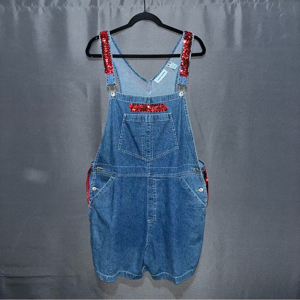 Vintage Marsh Landing Upcycled Denim Overalls Shorts Red Sequin XL Cotton Jean